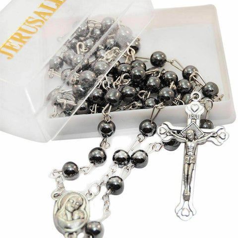 Hematite Rosary Beads Prayer Knot with Crucifix and Holy Soil from Jerusalem 18,5"