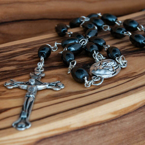 Hematite Rosary Beads Prayer Knot w/Crucifix and Holy Soil from Jerusalem 18,5"