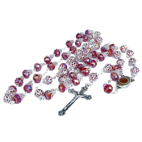 Rosary Beads Silver Rainbow Red Crystal w/Сrucifix & Holy Soil Jerusalem 23,5"