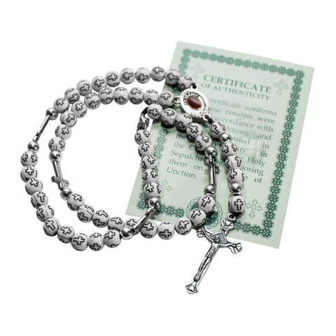 Catholic White Rosary Pendant Beads with Cross Decor and Holy Soil Jerusalem 14"