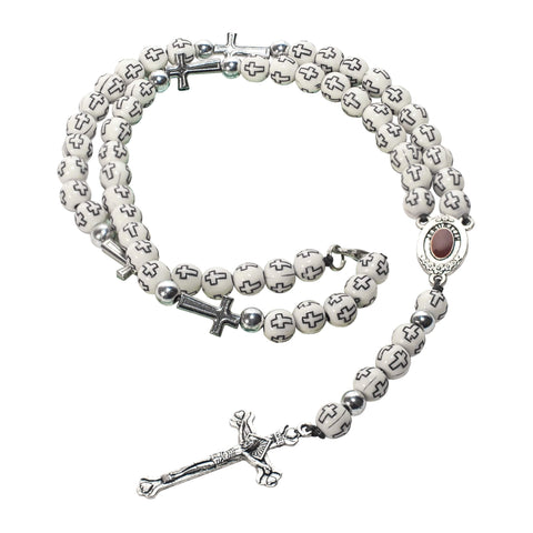 Catholic White Rosary Pendant Beads with Cross Decor and Holy Soil Jerusalem 14"