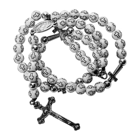 Catholic White Rosary Pendant Beads with Cross Decor and Holy Soil Jerusalem 14"