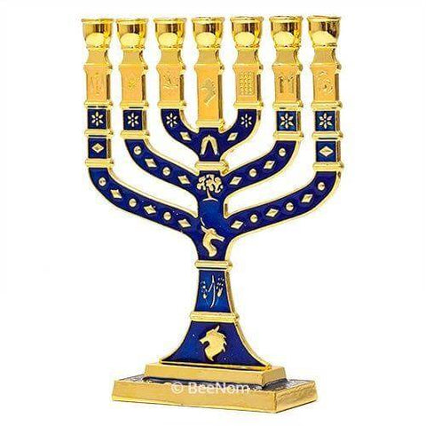 Gold-Blue Enamel Jewish Hanukkah Menorah for 7 Candle from Jerusalem