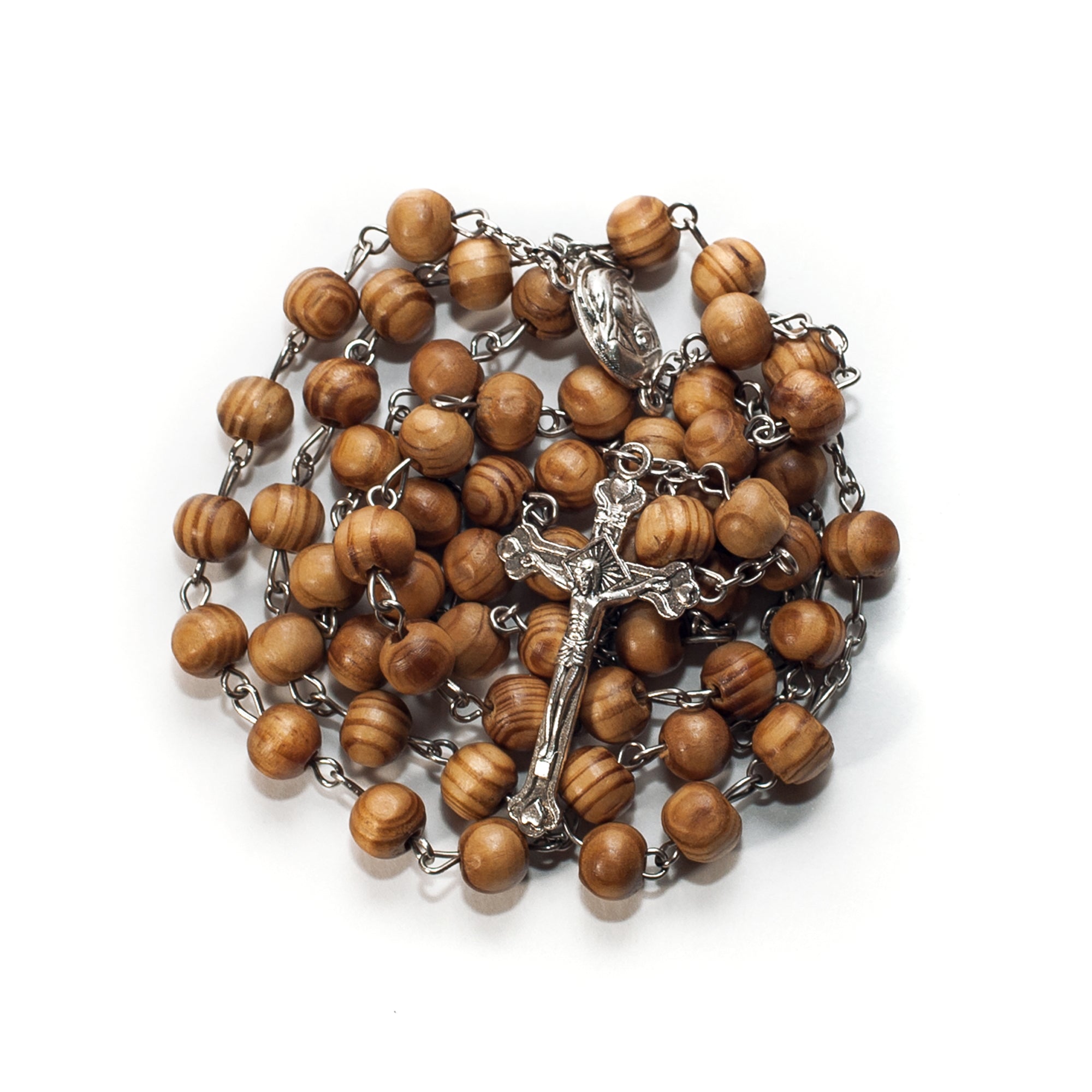 Rosary Beads from Olive Wood with Christian Cross & Virgin Mary Medallion 21"