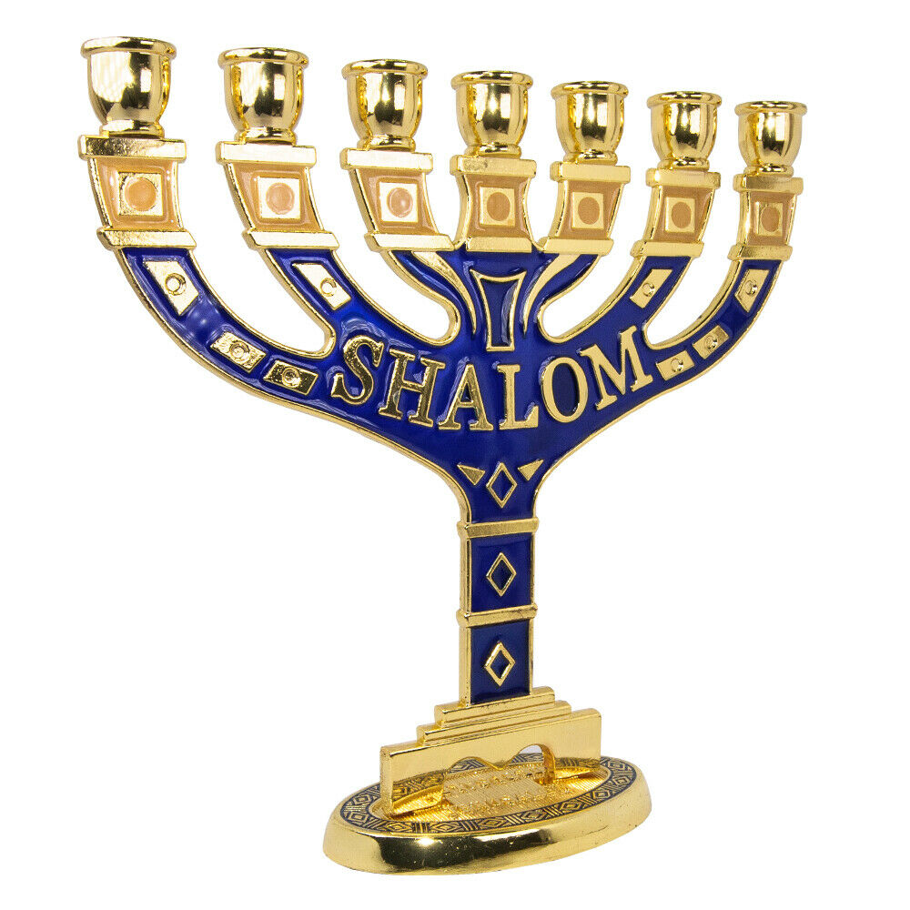 Menorah Seven-branched Candle Holder Jerusalem Blue Enamel Israel Judaica