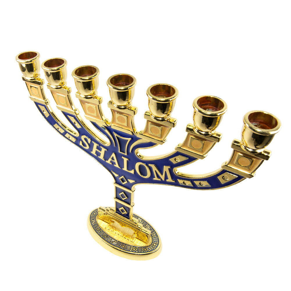 Menorah Seven-branched Candle Holder Jerusalem Blue Enamel Israel Judaica