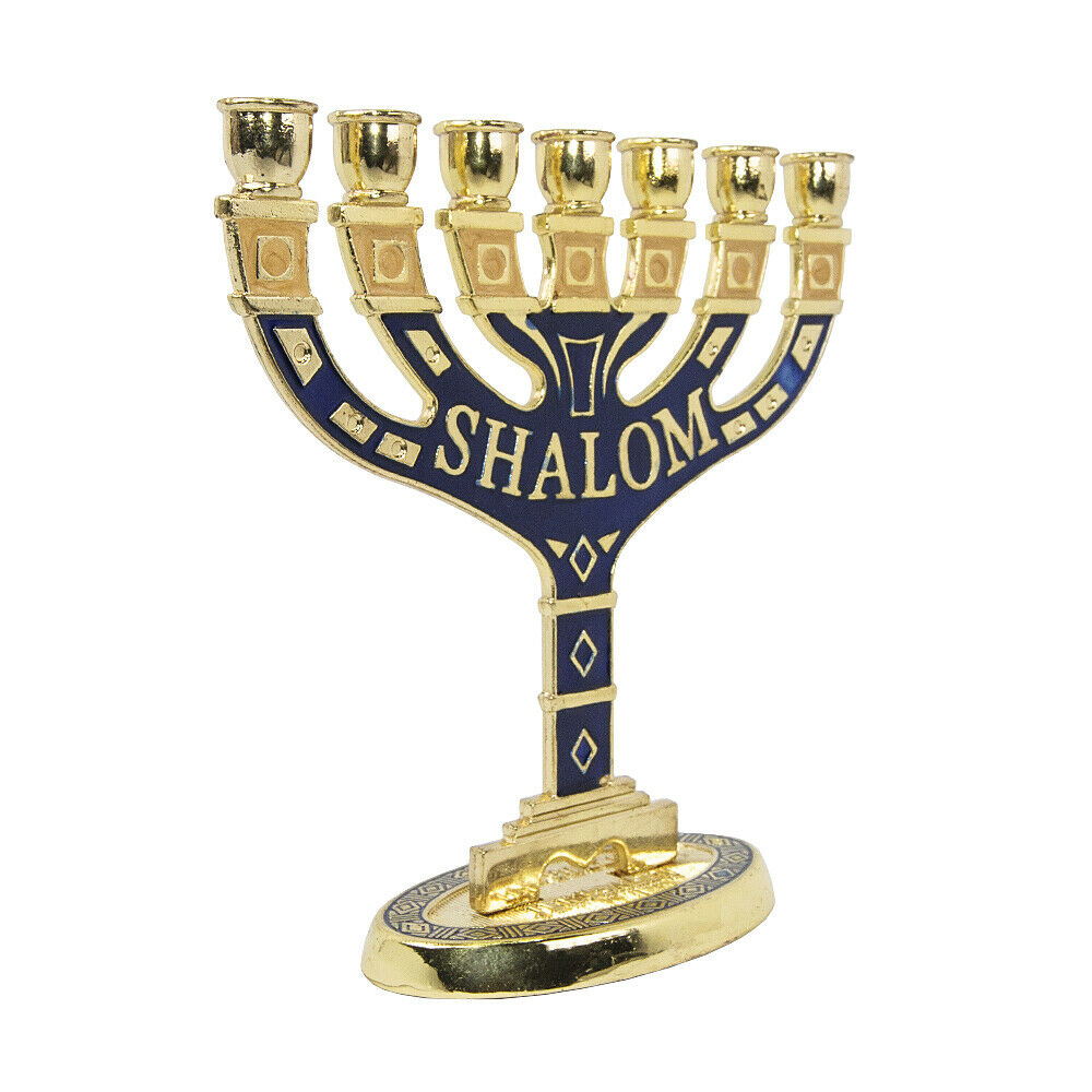 Menorah Seven-branched Candle Holder Jerusalem Blue Enamel Israel Judaica