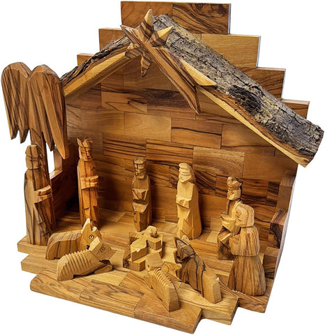 Handmade Olive Wood Nativity Set with Natural Bark Roof