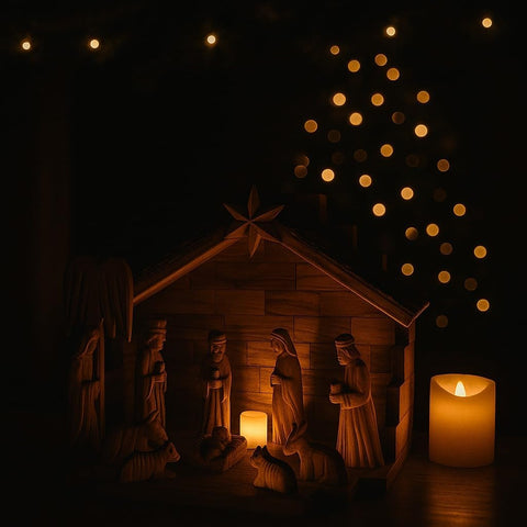 Handmade Olive Wood Nativity Set with Natural Bark Roof