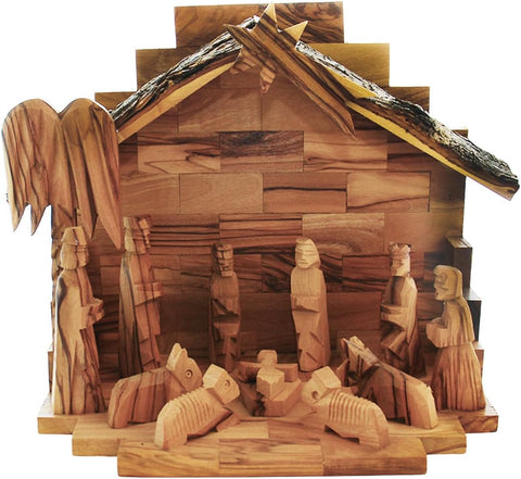 Handmade Olive Wood Nativity Set with Natural Bark Roof
