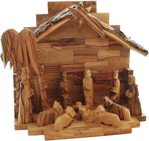 Handmade Olive Wood Nativity Set with Natural Bark Roof