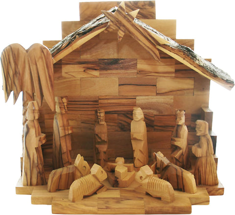 Handmade Olive Wood Nativity Set with Natural Bark Roof