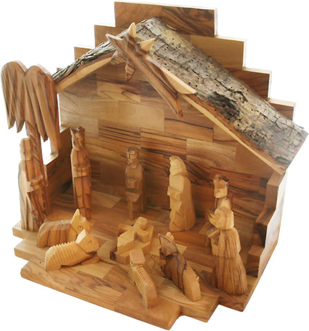 Handmade Olive Wood Nativity Set with Natural Bark Roof