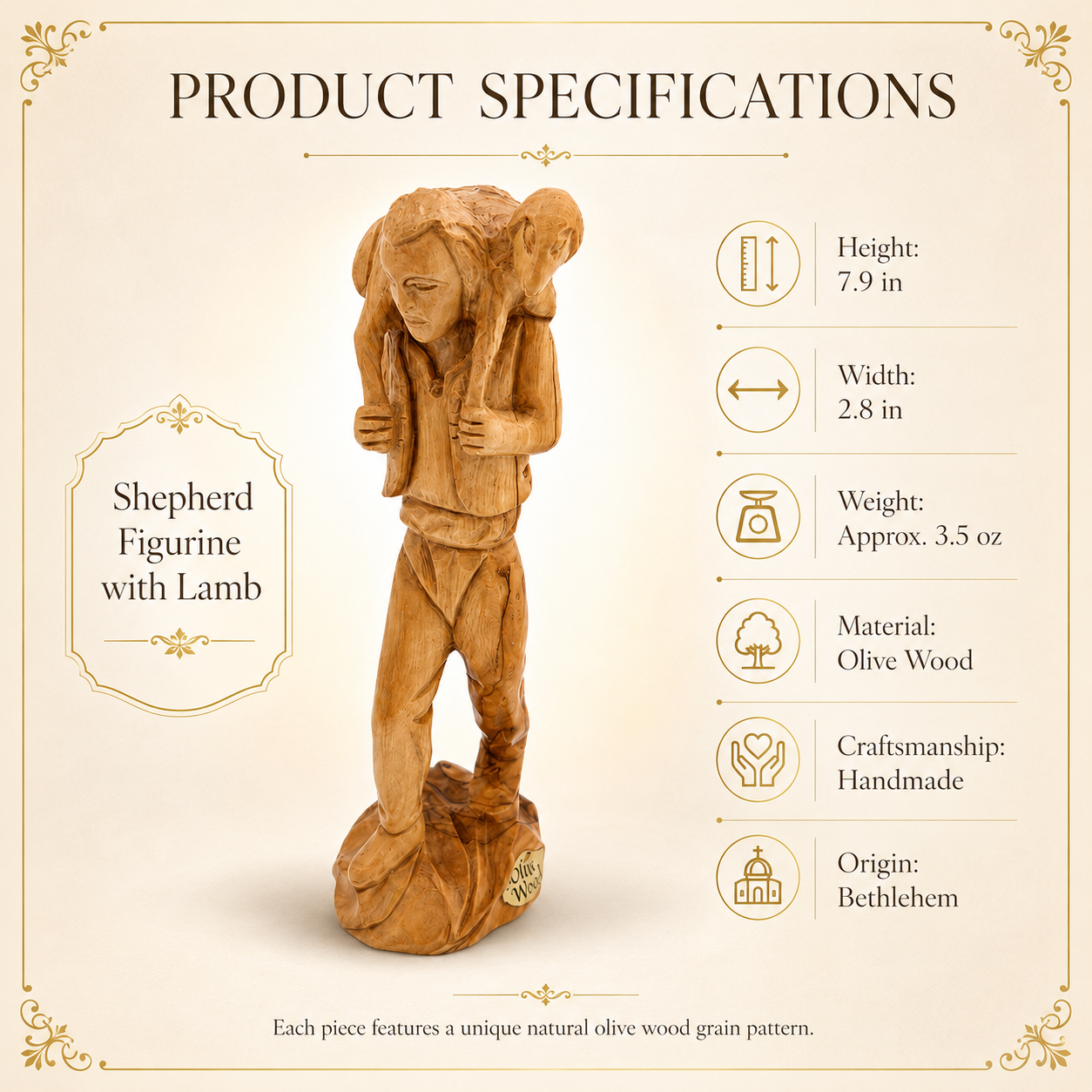 Olive wood Good Shepherd Jesus with lamb statue from Bethlehem shown in a product specifications infographic with height, width, weight, material, craftsmanship, and origin details.