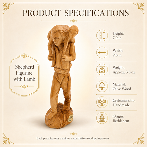 Olive wood Good Shepherd Jesus with lamb statue from Bethlehem shown in a product specifications infographic with height, width, weight, material, craftsmanship, and origin details.