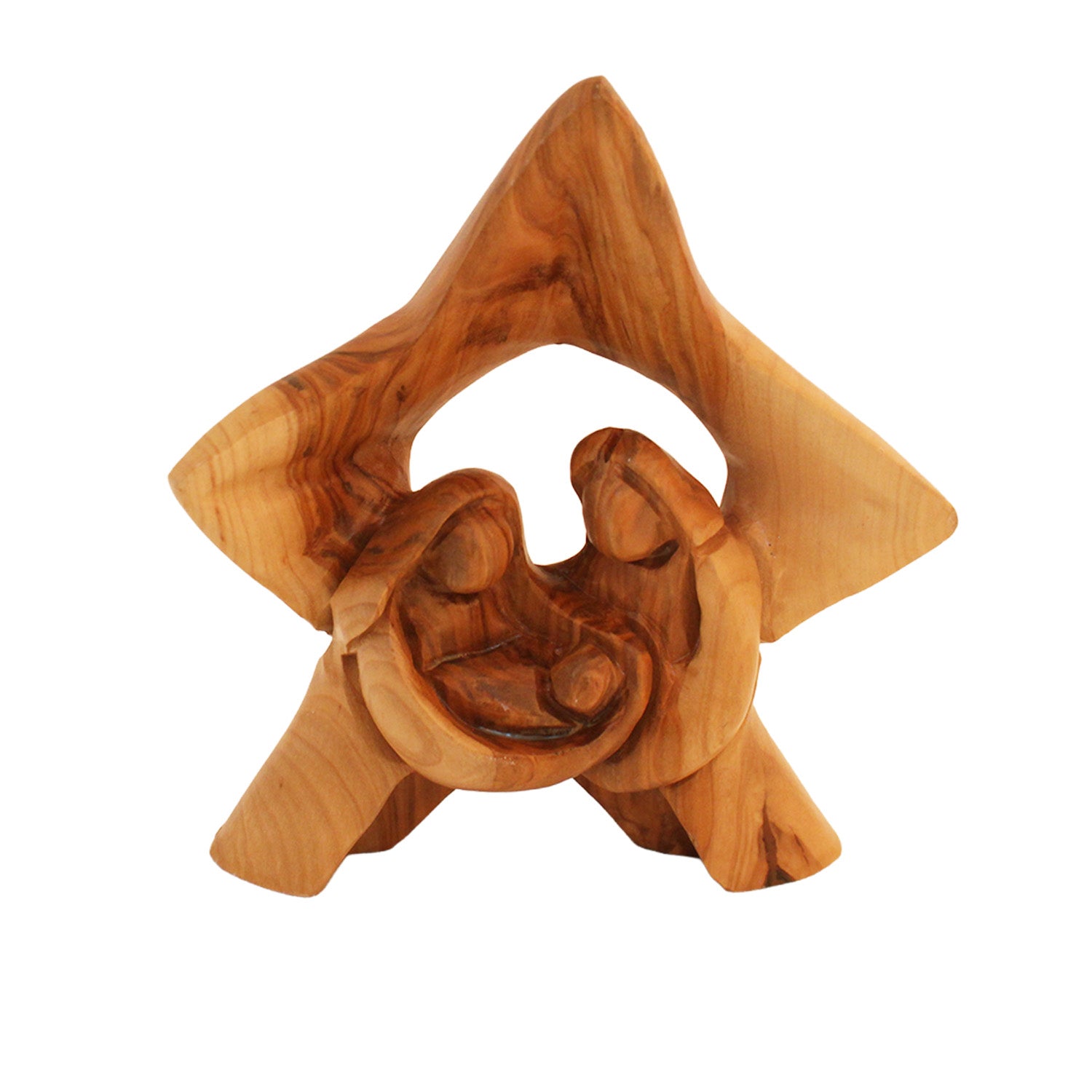 Wooden nativity scene sculpture on a white background