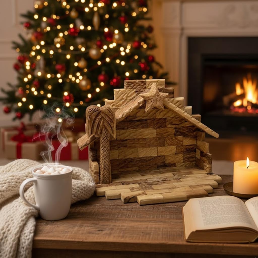 Wooden nativity scene with a cup of hot chocolate, candle, and book on a table in front of a Christmas tree and fireplace.