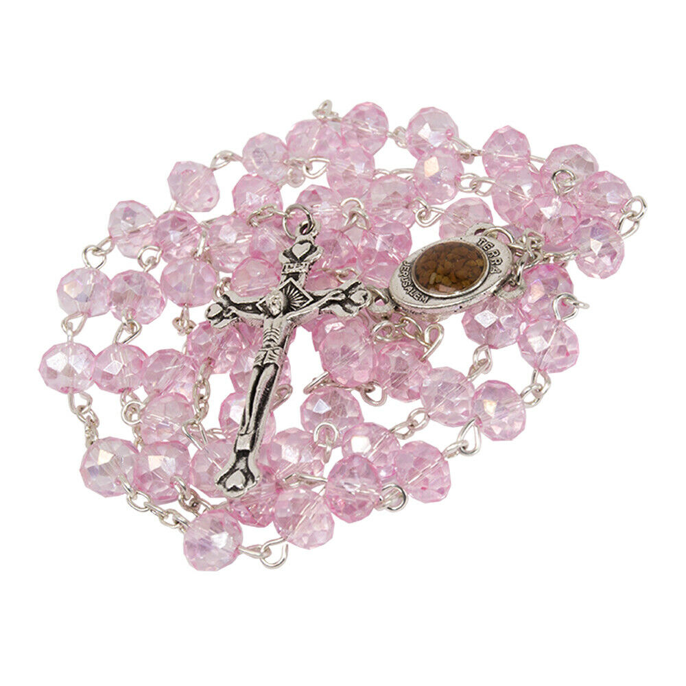 Pink Crystal Rosary Beads Crucifix Necklace w/ Holy Soil from Jerusalem 20"