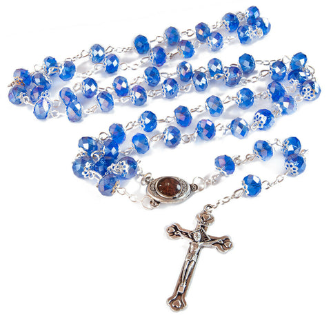 Rosary Prayer Beads INRI Blue Crystal Beaded w/ Holy Soil Jerusalem Necklace 22"