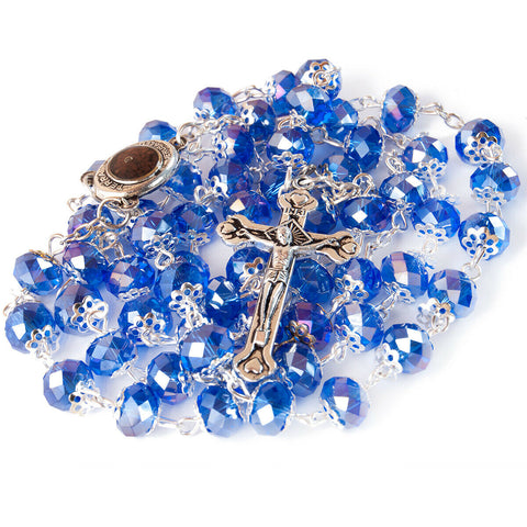 Rosary Prayer Beads INRI Blue Crystal Beaded w/ Holy Soil Jerusalem Necklace 22"