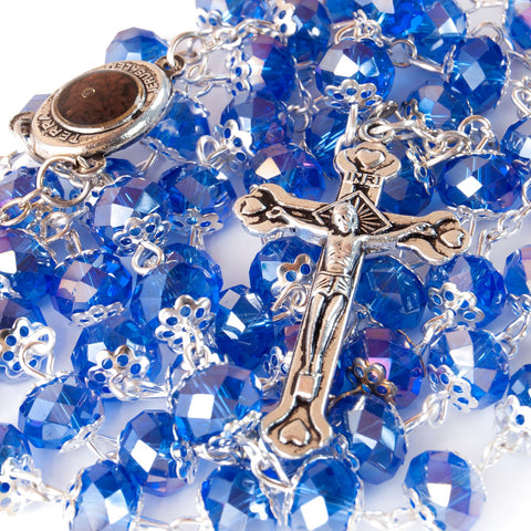 Rosary Prayer Beads INRI Blue Crystal Beaded w/ Holy Soil Jerusalem Necklace 22"