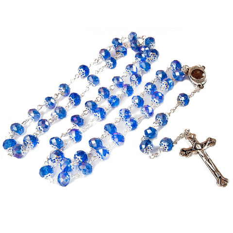 Rosary Prayer Beads INRI Blue Crystal Beaded w/ Holy Soil Jerusalem Necklace 22"