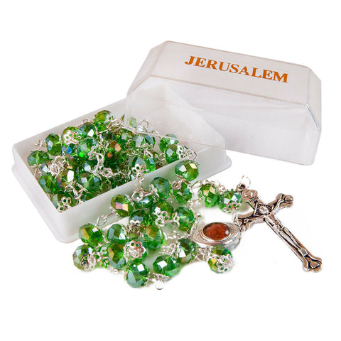 Rosary Prayer Beads INRI Green Crystal Beaded w/Holy Soil Jerusalem Necklace 22"