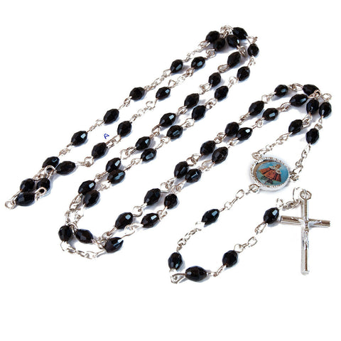 Rosary Prayer Beads INRI Black Crystal Beaded Crucifix Necklace Jerusalem 19"