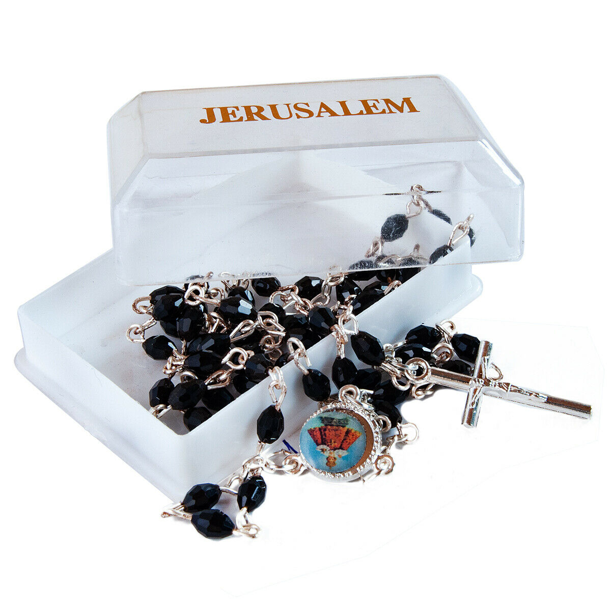 Rosary Prayer Beads INRI Black Crystal Beaded Crucifix Necklace Jerusalem 19"