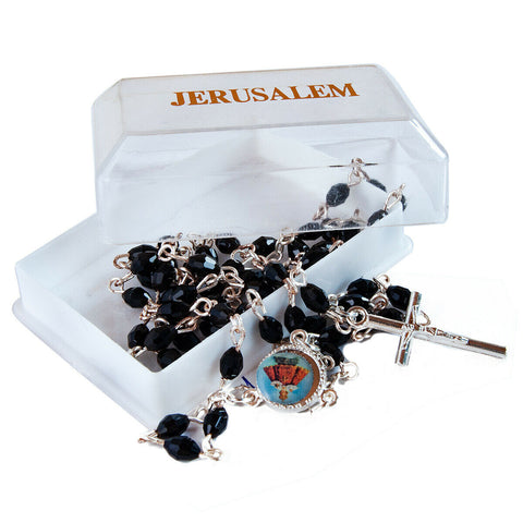 Rosary Prayer Beads INRI Black Crystal Beaded Crucifix Necklace Jerusalem 19"