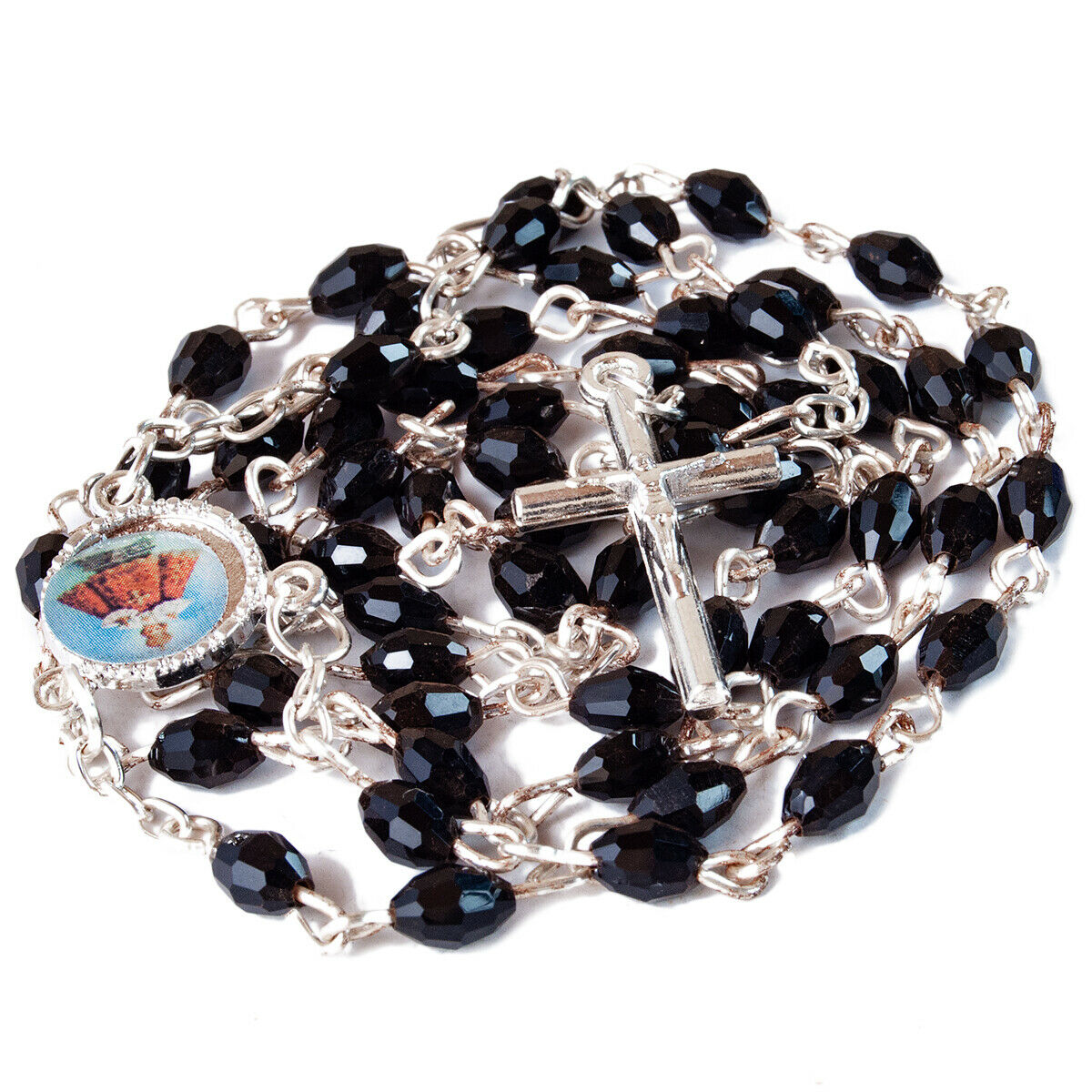 Rosary Prayer Beads INRI Black Crystal Beaded Crucifix Necklace Jerusalem 19"