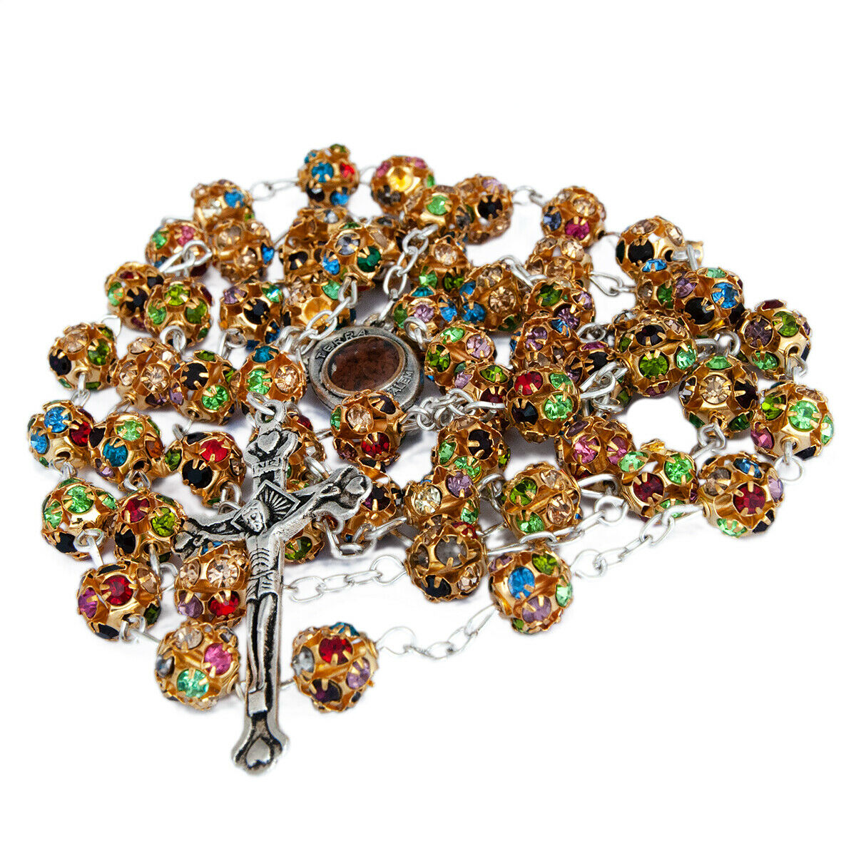 Rosary Beads Light Multicolored Crystals w/Сrucifix & Holy Soil Jerusalem 23,5"