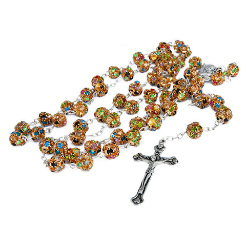 Rosary Beads Light Multicolored Crystals w/Сrucifix & Holy Soil Jerusalem 23,5"