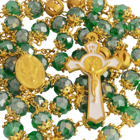 Catholic Rosary Beads Green Crystal Medal Crucifix Necklace Jerusalem 20,5"