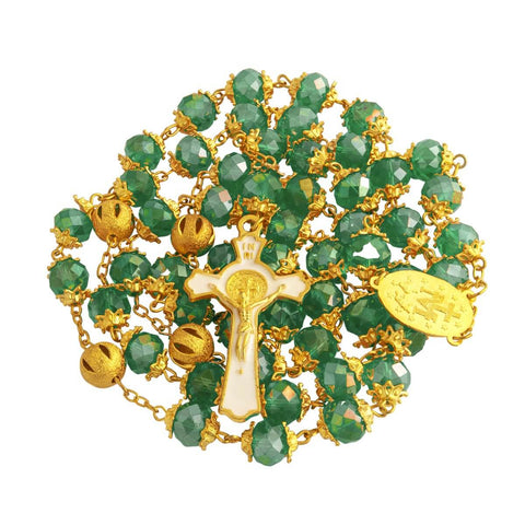 Catholic Rosary Beads Green Crystal Medal Crucifix Necklace Jerusalem 20,5"