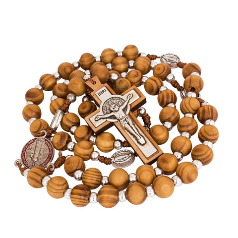 Catholic Rosary Beads w/ Wooden Crucifix Cross and Metal Order of Saint Benedict 22"