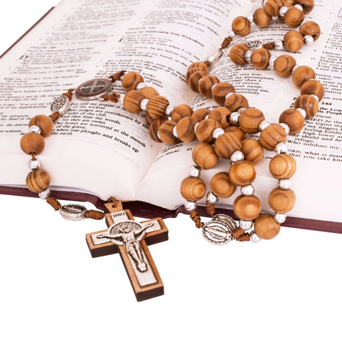 Catholic Rosary Beads w/ Wooden Crucifix Cross and Metal Order of Saint Benedict 22"