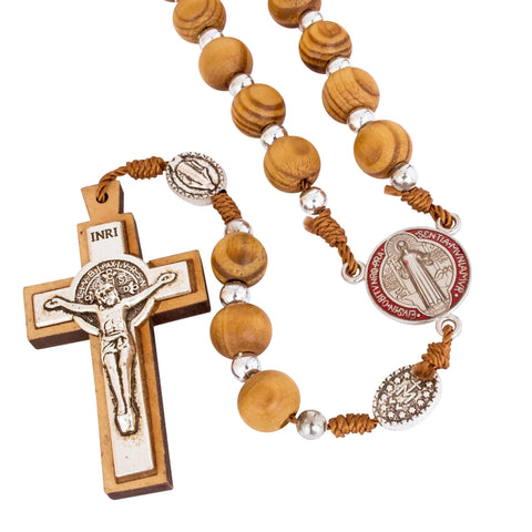 Catholic Rosary Beads w/ Wooden Crucifix Cross and Metal Order of Saint Benedict 22"