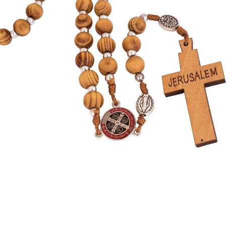 Catholic Rosary Beads w/ Wooden Crucifix Cross and Metal Order of Saint Benedict 22"