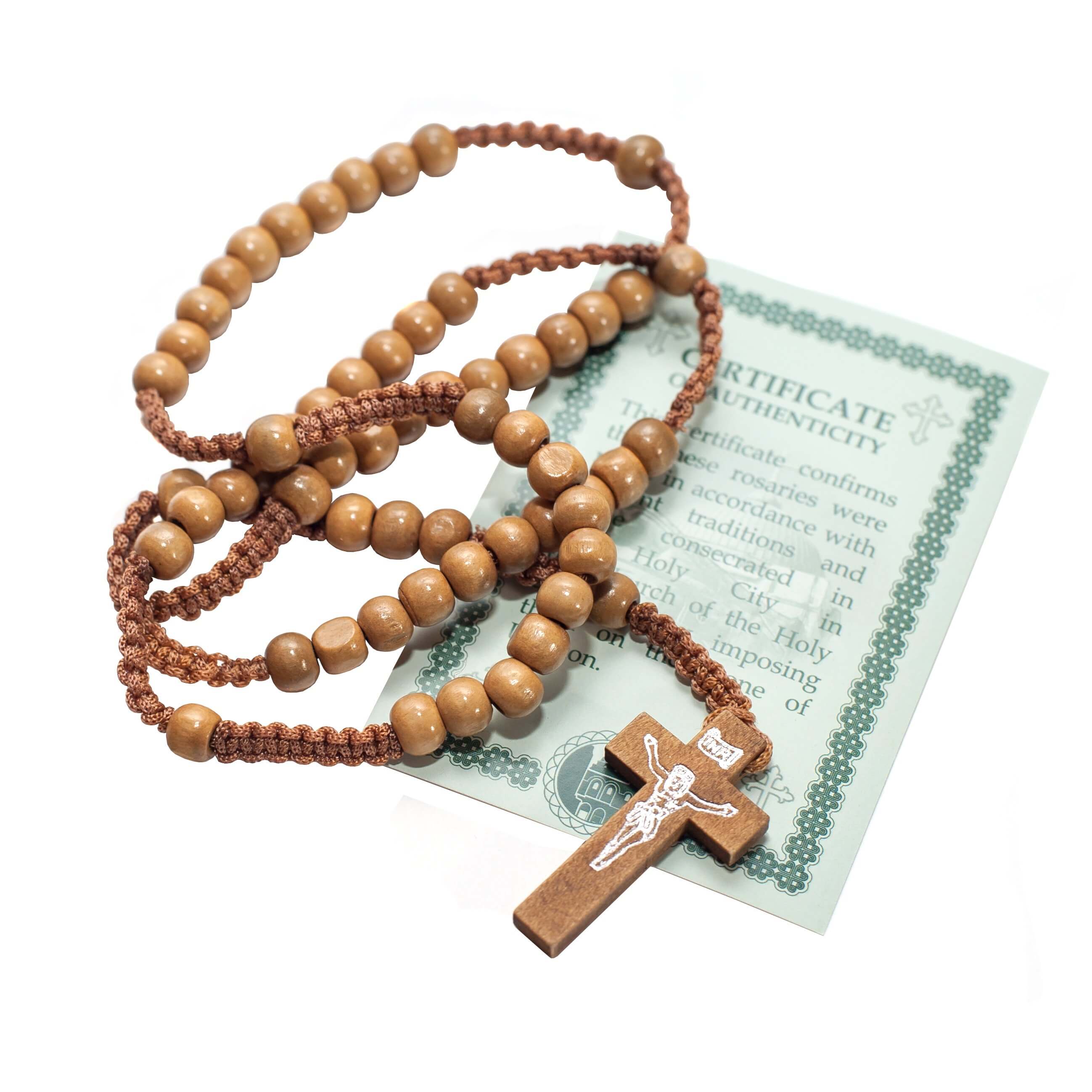 Catholic natural Wooden Prayer Beads Beige Rosary with Crucifix from Jerusalem 20"