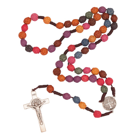 Multicolored Rosary Prayer Beads Christian Order of St. Benedict Crucifix Necklace 19"