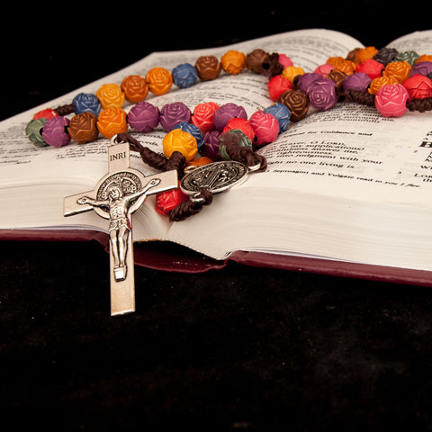 Multicolored Rosary Prayer Beads Christian Order of St. Benedict Crucifix Necklace 19"