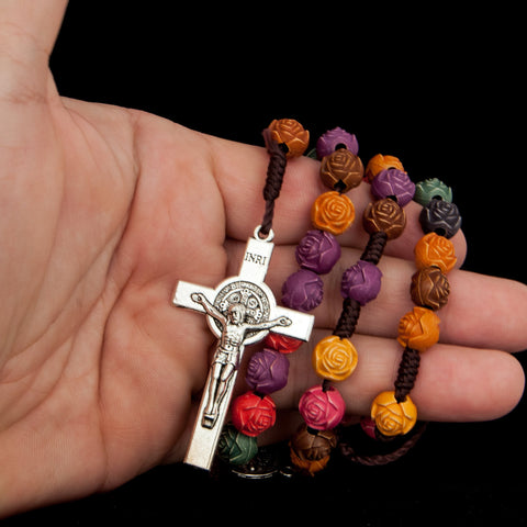 Multicolored Rosary Prayer Beads Christian Order of St. Benedict Crucifix Necklace 19"