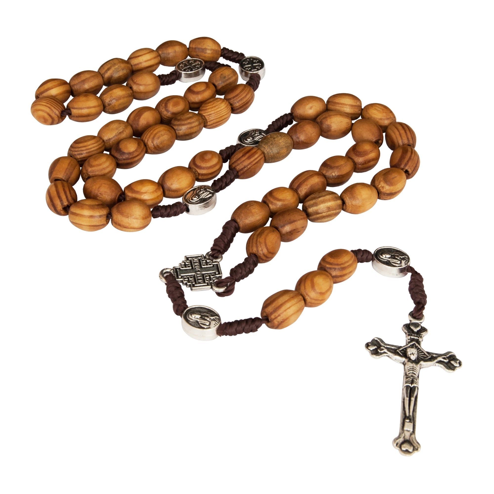 Original Wooden Rosary Beads w/ Jerusalem Cross and Christianity Crucifix from Holy Land 19"