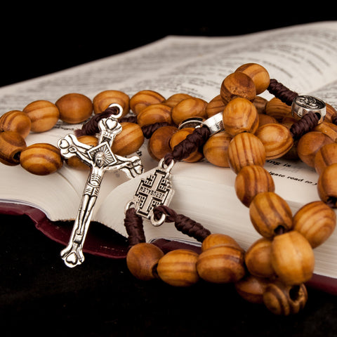 Original Wooden Rosary Beads w/ Jerusalem Cross and Christianity Crucifix from Holy Land 19"