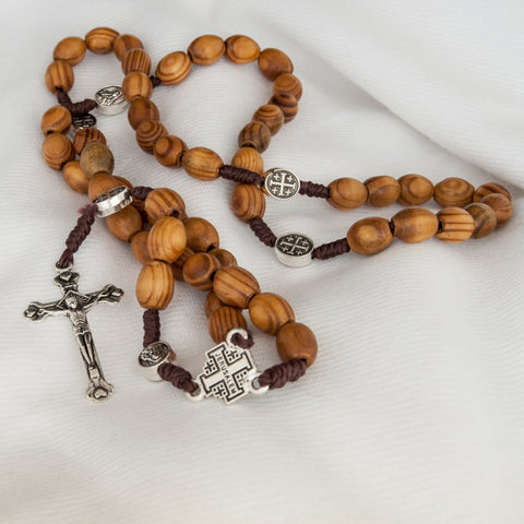 Original Wooden Rosary Beads w/ Jerusalem Cross and Christianity Crucifix from Holy Land 19"