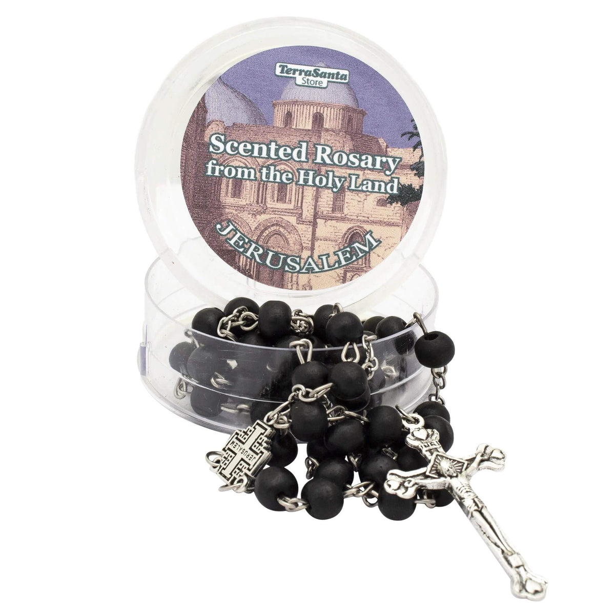 Aroma Wooden Black Rosary w/ Jerusalem Cross Crucifix in Box from Holy Land Gift 18,5"