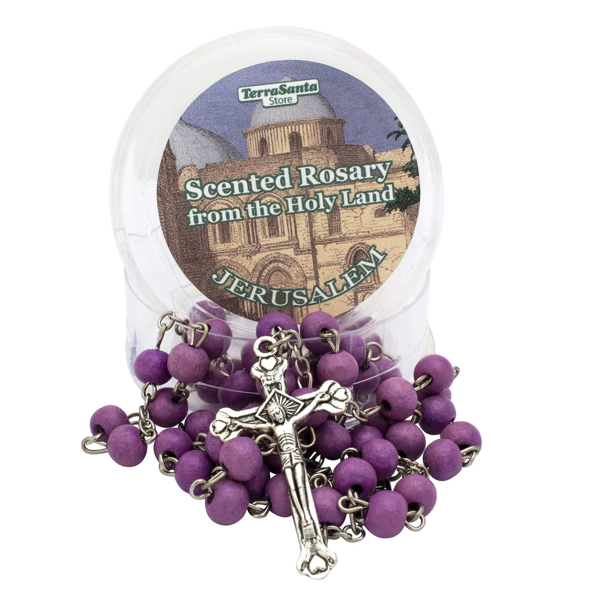 Aroma Wooden Violet Rosary Beads w/Jerusalem Cross Crucifix in Box from Holy Land Gift 18,5"