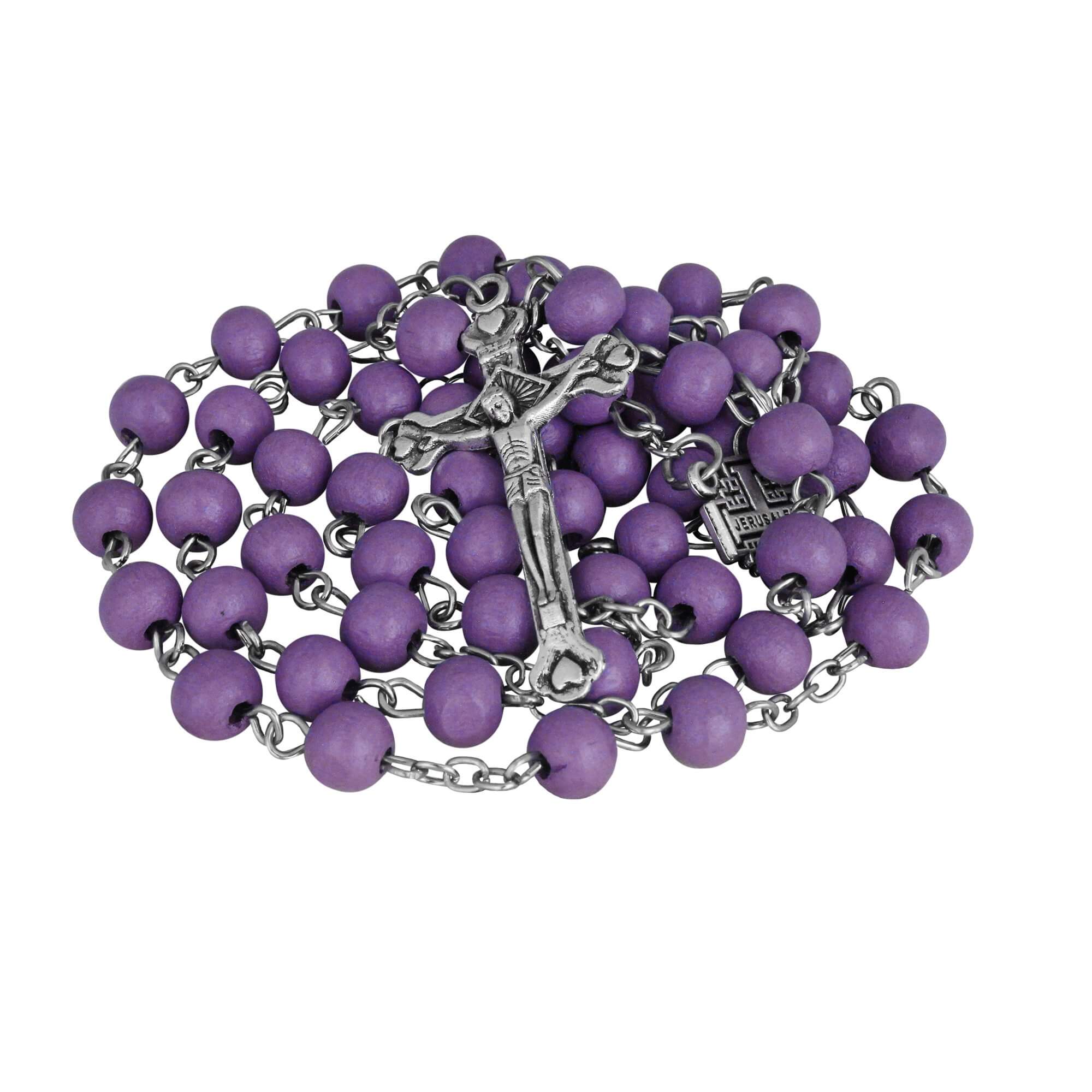 Aroma Wooden Violet Rosary Beads w/Jerusalem Cross Crucifix in Box from Holy Land Gift 18,5"