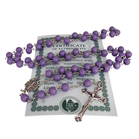 Aroma Wooden Violet Rosary Beads w/Jerusalem Cross Crucifix in Box from Holy Land Gift 18,5"